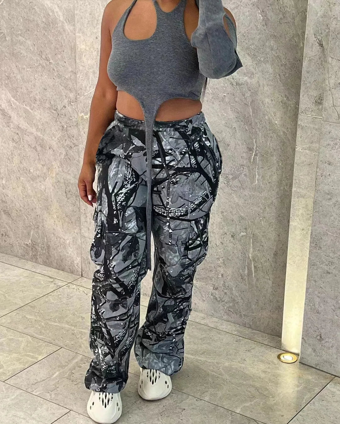 FAGADOER Casual Camouflage Cargo Pants Fashion Y2K Street Wide Leg Pants Women High Waisted Button Pocket Trousers Bottoms 2023