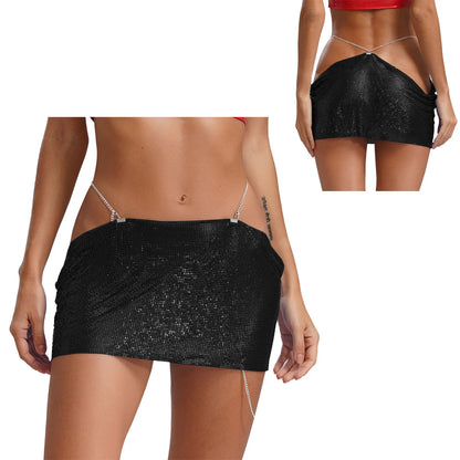 Women Sparkly Sequins Mini Skirt Low Waist Metal Chains Waistband Glitter Skirts Sexy Miniskirt Nightclub Rave Party Clubwear