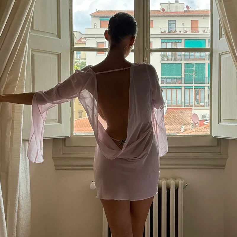 Sexy Deep V-Neck Nightgown Trendy Pink Backless Flare sleeve Sheer Mini Dress Women's Sensual Clothing Sleepwear Loungewear Pjs