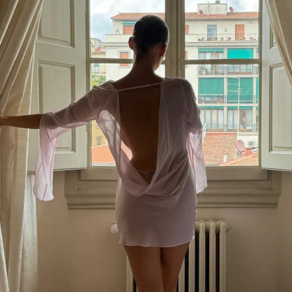 Sexy Deep V-Neck Nightgown Trendy Pink Backless Flare sleeve Sheer Mini Dress Women's Sensual Clothing Sleepwear Loungewear Pjs