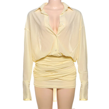 Cryptographic Fashion See Through Shirt Mini Dress Flare Sleeve Sexy Club Party Bandage Ruched Lapel Dresses Outfits Clothes