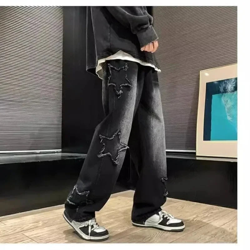 2025 New Fashion Stars Towel Embroidery Brown Men Jeans Pants Y2K Clothes Straight Hip Hop Cotton Trousers Pantalon Homme