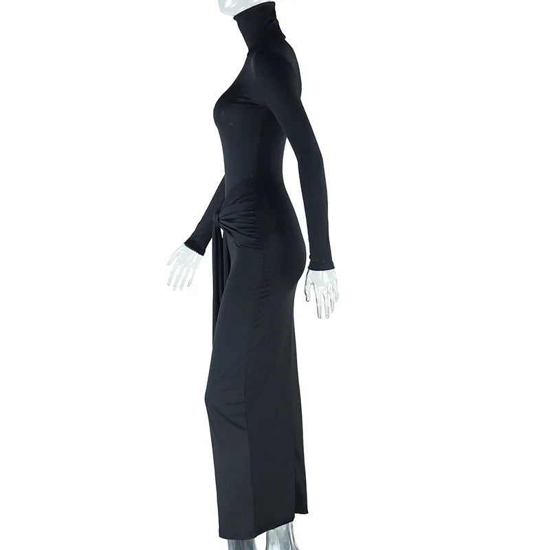 CM.YAYA Women Full Sleeve Turtleneck Ribbon Ruched Long Maxi Dress 2025 Spring Sexy Street Slim Evening Night Club Party Dresses