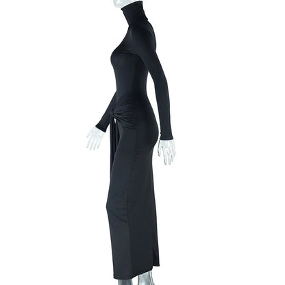 CM.YAYA Women Full Sleeve Turtleneck Ribbon Ruched Long Maxi Dress 2025 Spring Sexy Street Slim Evening Night Club Party Dresses