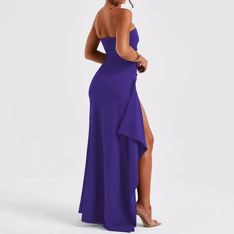Cryptographic Off Shoulder Elegant High Rise Split Maxi Dress Club Outfits for Women Sexy Strapless Evening Dresses Ruched Gown