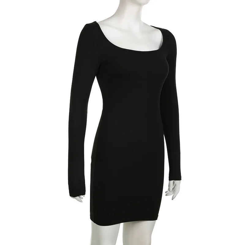 Autumn Winter Sexy Square Neck Low-cut Slim Bodycon Mini Dress Women Long Sleeved Skinny Dress Elegant Club Party Vestidos