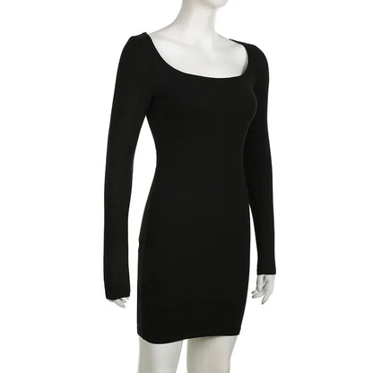 Autumn Winter Sexy Square Neck Low-cut Slim Bodycon Mini Dress Women Long Sleeved Skinny Dress Elegant Club Party Vestidos