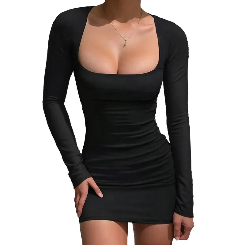 Women's Sexy Square Neck Bodycon Dress Long Sleeve Party Mini Dress Black Large