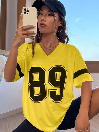 Women's V-Neck 89 Pattern T-Shirt With Stripes Casual Short-Sleeved Top Suitable For Summer Loose And Quick-Drying Sporty Style