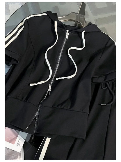 Korean Style Women's Sportswear Summer 2024 Trendy Age-Reducing Slimming Elegant Short Sleeves Hooded Top 2-Piece Set