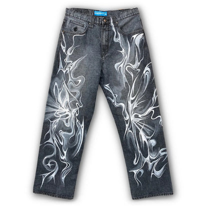 Vintage Mens Baggy Black Jeans Summer Gothic Cross Graffiti Straight Denim Pants High Street Women Casual Wide Leg Trousers