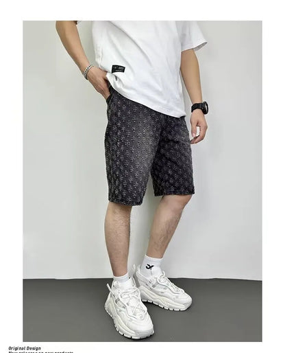 Fashion Casual Summer Light Blue Distressed Men Denim Shorts Smart Straight Leg Loosen Male High Street Niche Design Tide Shorts