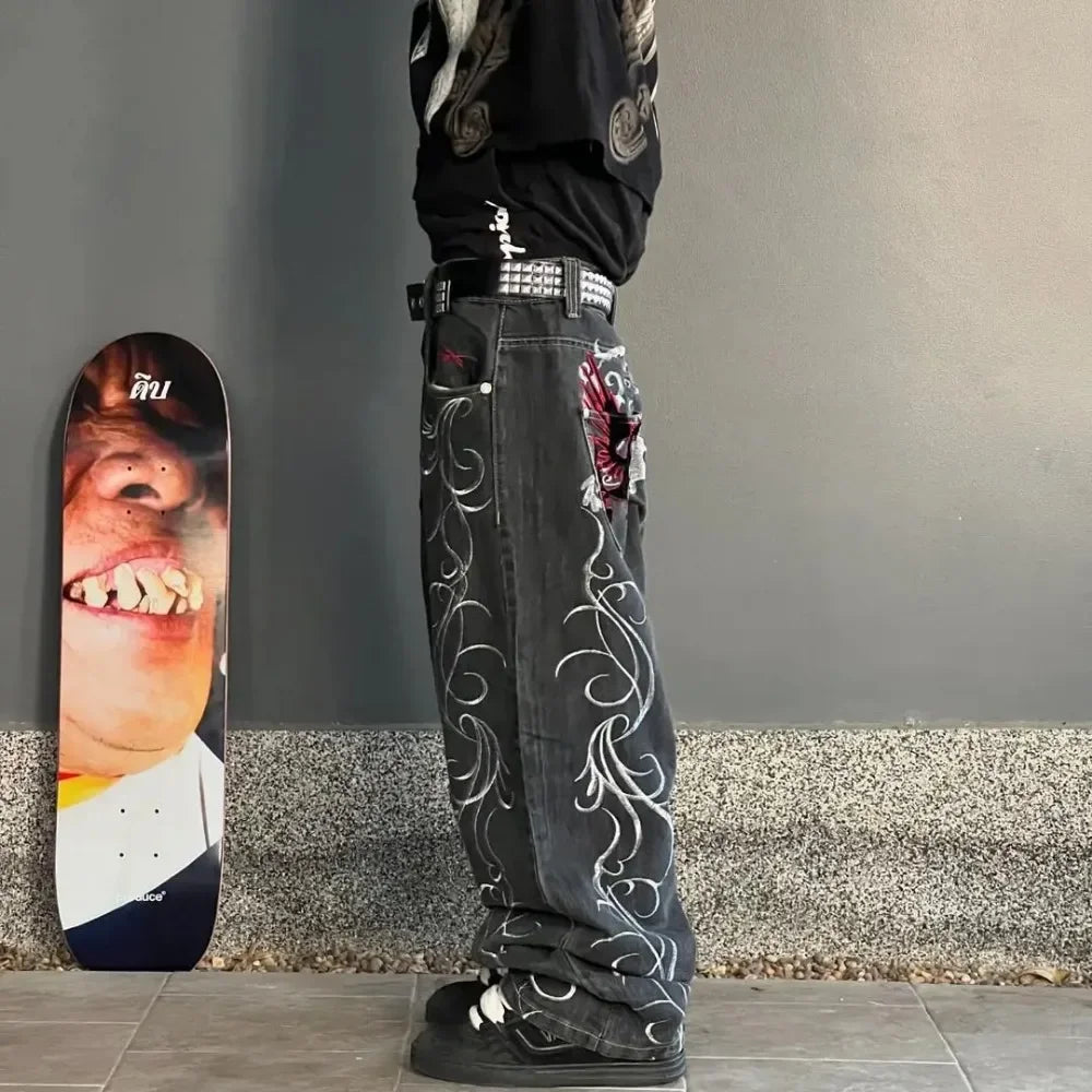 Streetwear Y2K Gothic Denim Trousers Harajuku Punk Dinosaur Embroidery Washed Jeans Hip Hop Wide Leg Oversized Jeans Mens Womens