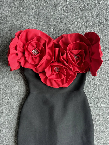 2024 High Quality Summer Women's New Black Sexy One Shoulder Dress with High Quality 3D Flower Decoration Slim Fit Bandage Dress