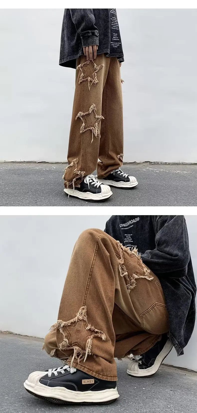 2025 New Fashion Stars Towel Embroidery Brown Men Jeans Pants Y2K Clothes Straight Hip Hop Cotton Trousers Pantalon Homme