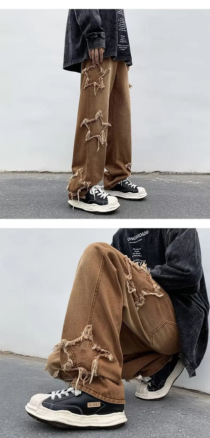 2025 New Fashion Stars Towel Embroidery Brown Men Jeans Pants Y2K Clothes Straight Hip Hop Cotton Trousers Pantalon Homme
