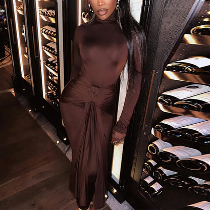 CM.YAYA Women Full Sleeve Turtleneck Ribbon Ruched Long Maxi Dress 2025 Spring Sexy Street Slim Evening Night Club Party Dresses