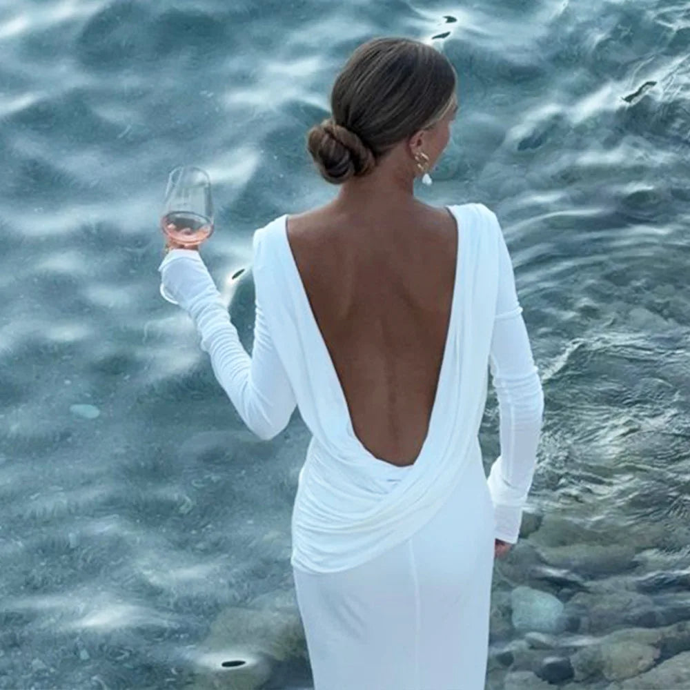 GACVGA Backless Long Sleeve Maxi Dress For Women 2024 Autumn Winter New High Waist White Ruched Sexy Bodycon Long Dress
