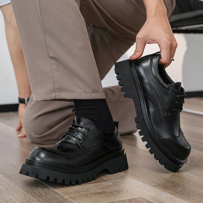 British Style Men's Block Shoes Thick Soled Durable for Office Interviews Formal Shoes Retro Brown Men's Shiny Leather Shoes