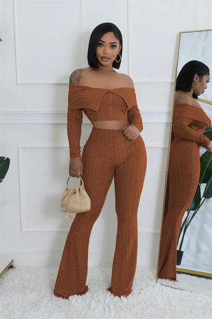 Sexy Knitted Two Piece Set for Women Birthday Outfits Off Shoulder Slash Neck Crop Top and Flare Pants Set Conjuntos Femininos