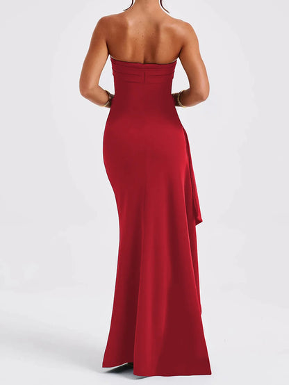 Cryptographic Off Shoulder Elegant High Rise Split Maxi Dress Club Outfits for Women Sexy Strapless Evening Dresses Ruched Gown
