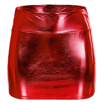Sexy PU Leather Short Skirts for Women Club Prom Performance Solid High Waist Mini Skirt Gold Red Shine Bright Fladas Mujer XXL