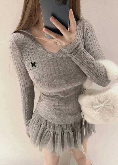 Casual V Neck White Pullovers Women Sweaters Autumn Winter Basic Long Sleeve Y2k Clothes Korean Pink Grey Ladies Tops Jumpers