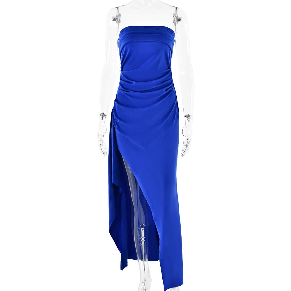 Cryptographic Off Shoulder Elegant High Rise Split Maxi Dress Club Outfits for Women Sexy Strapless Evening Dresses Ruched Gown