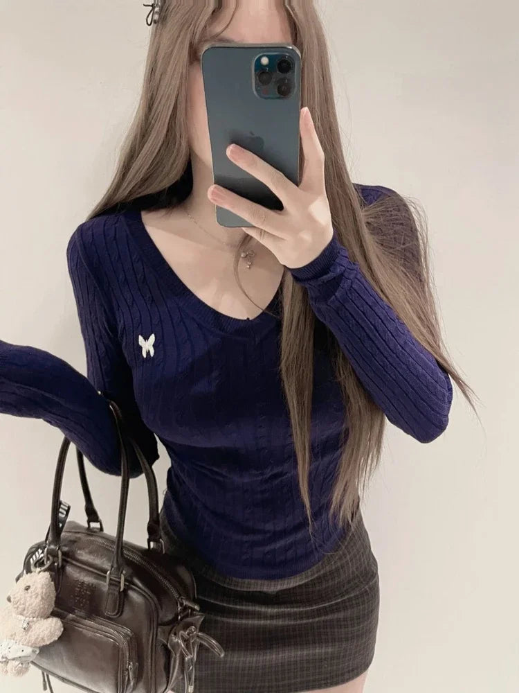 Casual V Neck White Pullovers Women Sweaters Autumn Winter Basic Long Sleeve Y2k Clothes Korean Pink Grey Ladies Tops Jumpers