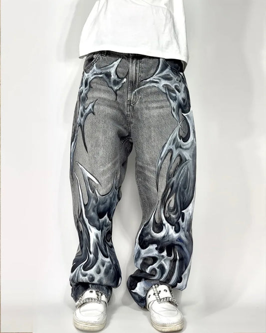 Vintage Mens Baggy Black Jeans Summer Gothic Cross Graffiti Straight Denim Pants High Street Women Casual Wide Leg Trousers