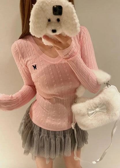 Casual V Neck White Pullovers Women Sweaters Autumn Winter Basic Long Sleeve Y2k Clothes Korean Pink Grey Ladies Tops Jumpers