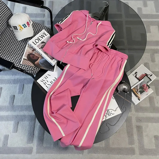 Korean Style Women's Sportswear Summer 2024 Trendy Age-Reducing Slimming Elegant Short Sleeves Hooded Top 2-Piece Set