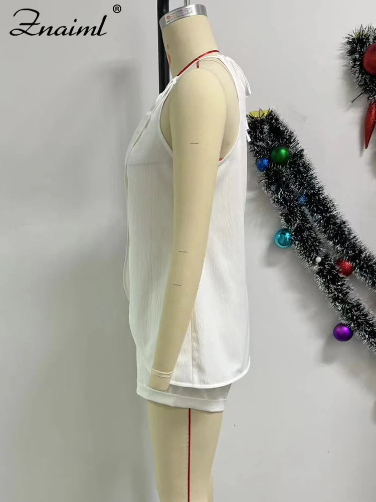 Znaiml Elegant Slit Hollow White Two 2 Pieces Set for Women Halter Bandage Sleeveless Top and Shorts Outfits 2pcs Beach Clubwear