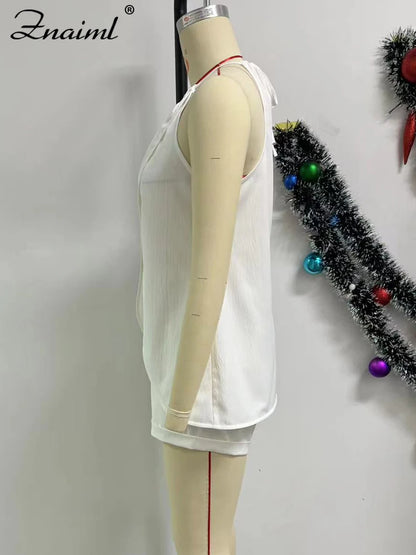 Znaiml Elegant Slit Hollow White Two 2 Pieces Set for Women Halter Bandage Sleeveless Top and Shorts Outfits 2pcs Beach Clubwear