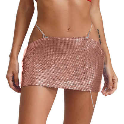 Women Sparkly Sequins Mini Skirt Low Waist Metal Chains Waistband Glitter Skirts Sexy Miniskirt Nightclub Rave Party Clubwear