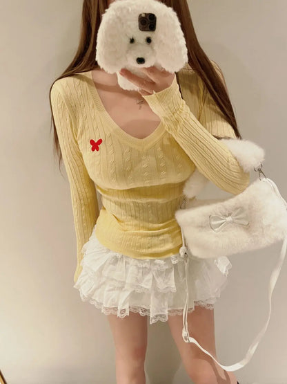 Casual V Neck White Pullovers Women Sweaters Autumn Winter Basic Long Sleeve Y2k Clothes Korean Pink Grey Ladies Tops Jumpers
