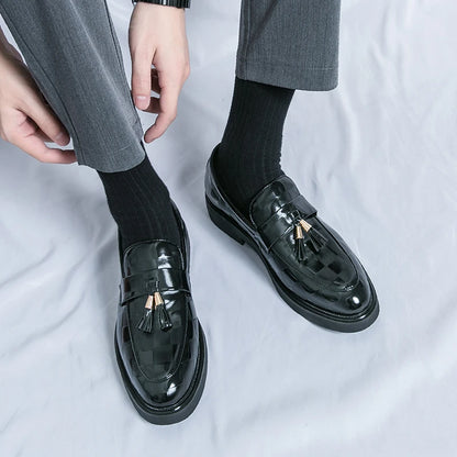 Fashion Business Chequer Loafers Men's Slip-On Brown Office Moccasins Male Dress Shoes Career Black Leather Shoes Plus Size38-47