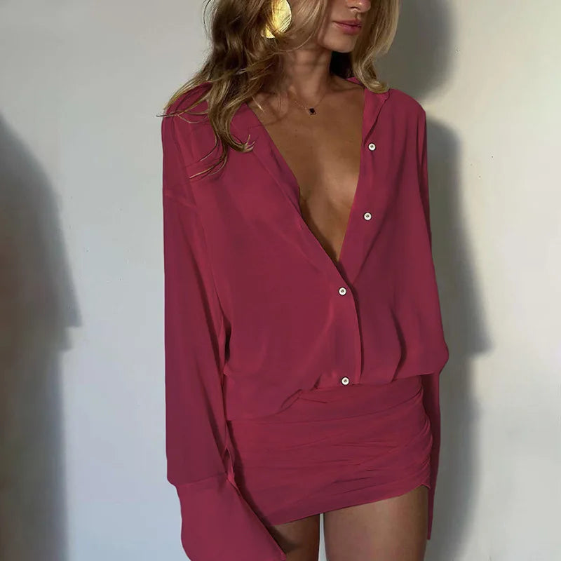 Cryptographic Fashion See Through Shirt Mini Dress Flare Sleeve Sexy Club Party Bandage Ruched Lapel Dresses Outfits Clothes