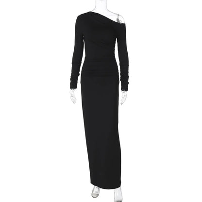 TARUXY White Skew Collar Long Sleeve Maxi Dress For Women 2024 Autumn Winter New Bodycon Elegant Party Dress Female High Waist