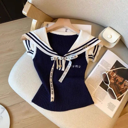 Summer Letter Embroidered Knitting Tank Top Women Clothes Preppy Style Lacing Patchwork Sailor Collar Sleeveless Pullovers Tops