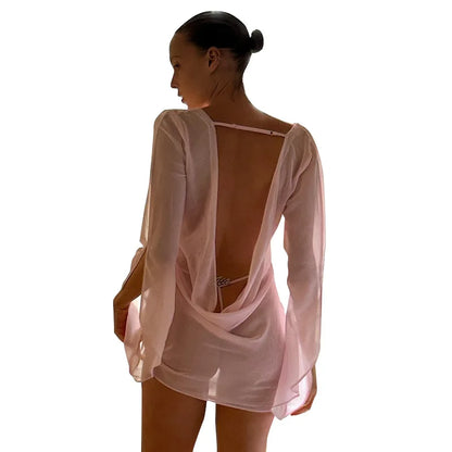 Sexy Deep V-Neck Nightgown Trendy Pink Backless Flare sleeve Sheer Mini Dress Women's Sensual Clothing Sleepwear Loungewear Pjs