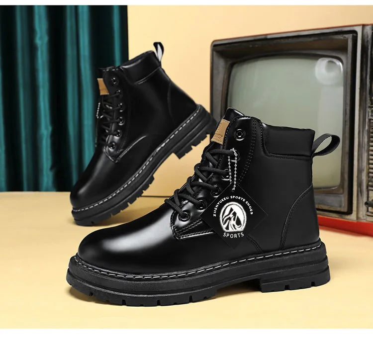 High Top Boots Men's Leather Shoes Fashion Motorcycle Men's Ankle Boots Winter Boot Lace Up Botas Hombre Cowboy Boots