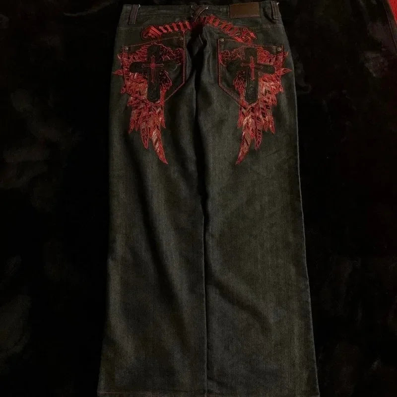 High Street Gothic Embroidered Men Black Red Pattern Y2K High Waist Jeans American Retro Street Couple Casual Pants