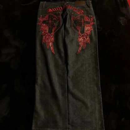 High Street Gothic Embroidered Men Black Red Pattern Y2K High Waist Jeans American Retro Street Couple Casual Pants
