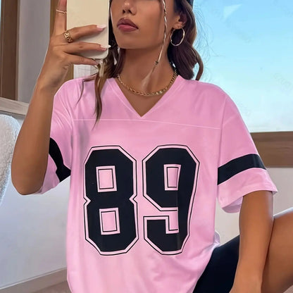 Women's V-Neck 89 Pattern T-Shirt With Stripes Casual Short-Sleeved Top Suitable For Summer Loose And Quick-Drying Sporty Style