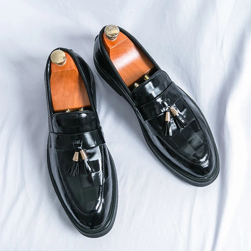 Fashion Business Chequer Loafers Men's Slip-On Brown Office Moccasins Male Dress Shoes Career Black Leather Shoes Plus Size38-47