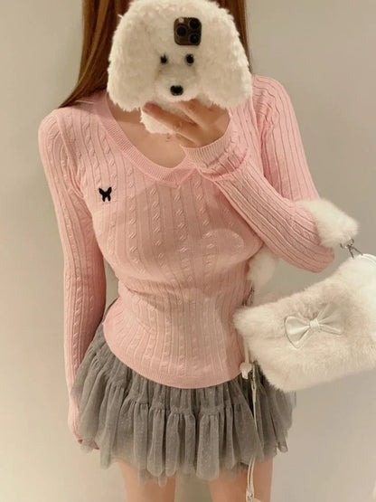 Casual V Neck White Pullovers Women Sweaters Autumn Winter Basic Long Sleeve Y2k Clothes Korean Pink Grey Ladies Tops Jumpers