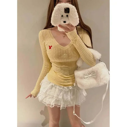 Casual V Neck White Pullovers Women Sweaters Autumn Winter Basic Long Sleeve Y2k Clothes Korean Pink Grey Ladies Tops Jumpers