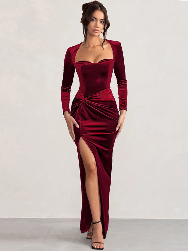 Mozision Square Collar Long Sleeve Sexy Maxi Dress For Women Velvet Fashion Ruched Split Bodycon Club Party Elegant Long Dress