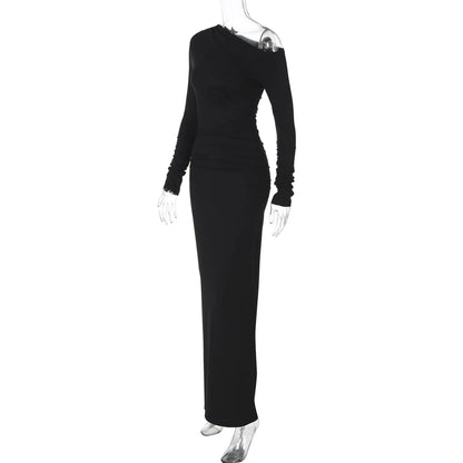 TARUXY White Skew Collar Long Sleeve Maxi Dress For Women 2024 Autumn Winter New Bodycon Elegant Party Dress Female High Waist
